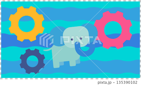 歯車とゾウのキャラクターで表現した仕組み・連携・システムのイメージイラスト 135390102