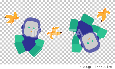 一幅描繪成功、成就和快樂心情的插圖，圖中一隻大猩猩正高興地扔著香蕉。 135390126