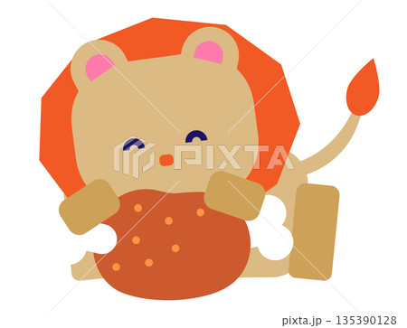 お肉をおいしそうに食べるライオンのキャラクターで表現した食事・満足・元気なイメージイラスト 135390128