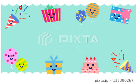 誕生日やお祝いに使えるパーティーモチーフを配置したかわいいフレーム背景イラスト 135390267