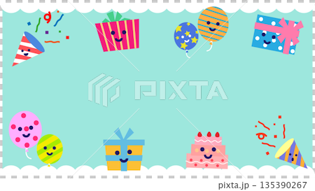 誕生日やお祝いに使えるパーティーモチーフを配置したかわいいフレーム背景イラスト 135390267