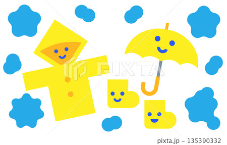 雨の日のレインコートと傘、長靴のかわいい天気イラスト 135390332
