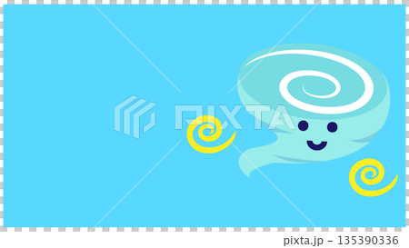 A cute weather illustration of a smiling typhoon approaching in the sky A cute weather illustration of a smiling typhoon approaching in the sky 135390336