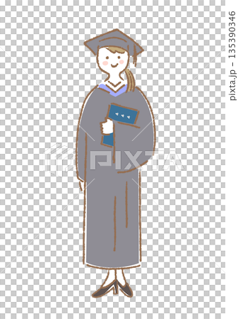 アカデミックガウンを着て立つ女性のイラスト 135390346