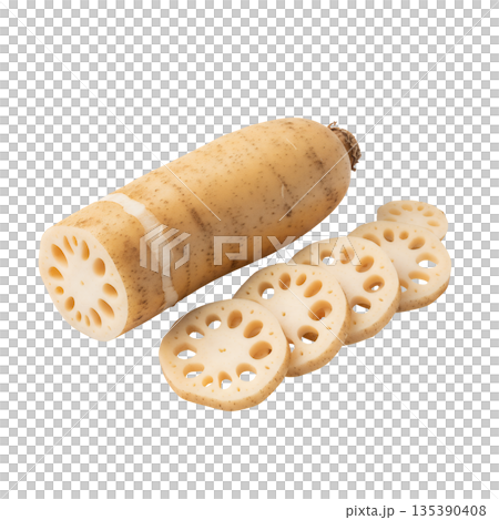 Whole lotus root and sliced lotus root 135390408