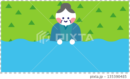 Illustration from a Japanese folk tale depicting Momotaro's grandmother washing clothes in the river Illustration from a Japanese folk tale depicting Momotaro's grandmother washing clothes in the river 135390485