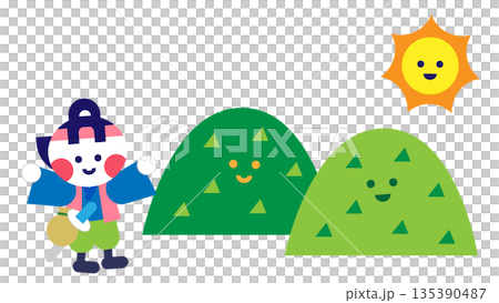 一幅可愛的插圖,取材自日本民間故事,描繪了桃太郎前往鬼島的情景。 一幅可愛的插圖,取材自日本民間故事,描繪了桃太郎前往鬼島的情景。 135390487