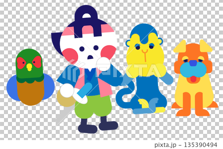 鬼ヶ島を前に不安そうな桃太郎と仲間たちを描いた日本昔話のイラスト 135390494