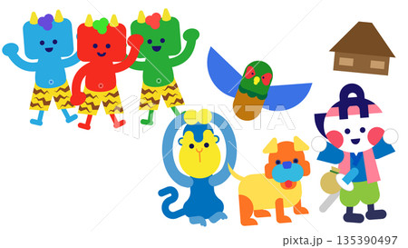 鬼退治を終えて家に帰る桃太郎と仲間たちの日本昔話イラスト 鬼退治を終えて家に帰る桃太郎と仲間たちの日本昔話イラスト 135390497