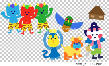 鬼退治を終えて家に帰る桃太郎と仲間たちの日本昔話イラスト 鬼退治を終えて家に帰る桃太郎と仲間たちの日本昔話イラスト 135390497