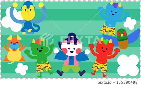 一幅描繪桃太郎和他的朋友們以及妖怪們一起跳舞的日本民間故事插圖，結局圓滿。 135390498