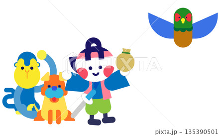 宝を持って帰る桃太郎と仲間たちの日本昔話イラスト 135390501