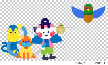 宝を持って帰る桃太郎と仲間たちの日本昔話イラスト 135390501