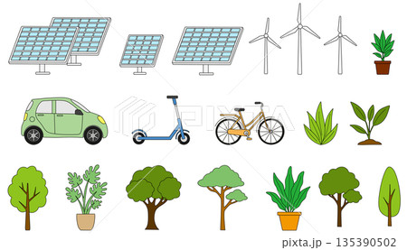 再生可能エネルギーとエコな暮らしのイラスト素材セット（SDGs・環境） 135390502