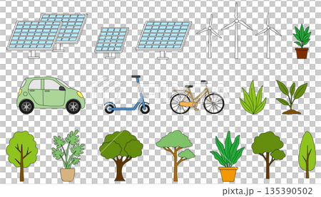 再生可能エネルギーとエコな暮らしのイラスト素材セット（SDGs・環境） 135390502