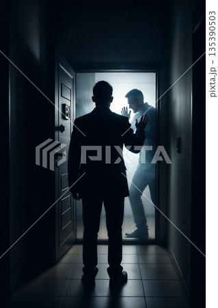 Mystery behind the door. A man in a suit stands in a dimly lit corridor, facing an open door.  135390503