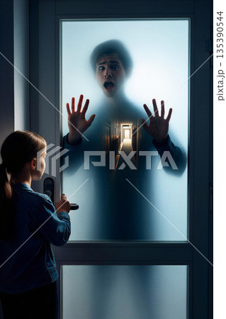 Through the frosted glass a nightmare unfolds. A young girl stands inside, her hand on a door handle, facing a frosted glass door. Through the frosted glass a nightmare unfolds. A young girl stands inside, her hand on a door handle, facing a frosted glass door. 135390544