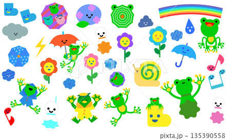梅雨をテーマにしたカエルや天気モチーフが並ぶかわいいイラスト素材セット 135390558