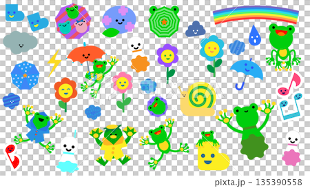 梅雨をテーマにしたカエルや天気モチーフが並ぶかわいいイラスト素材セット 135390558