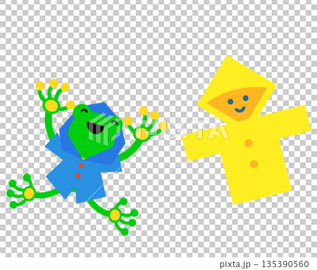レインコートを着たカエルと雨具のかわいい梅雨イラスト 135390560
