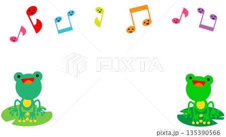 音符とカエルが並ぶ楽しい梅雨のかわいいイラスト背景 135390566