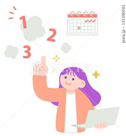 スケジュールを確認して優先順位を考えるノートパソコンを持った女性のイラスト 135390581