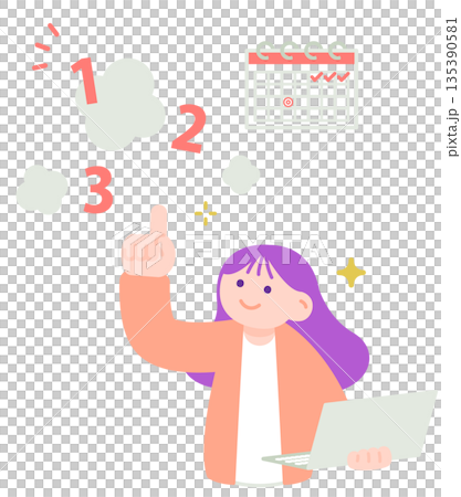 圖解：一位女士拿著筆記型電腦查看日程安排，考慮優先事項。 135390581