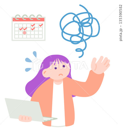 スケジュール管理で困っているノートパソコンを持った女性のイラスト 135390582