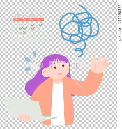 スケジュール管理で困っているノートパソコンを持った女性のイラスト 135390582