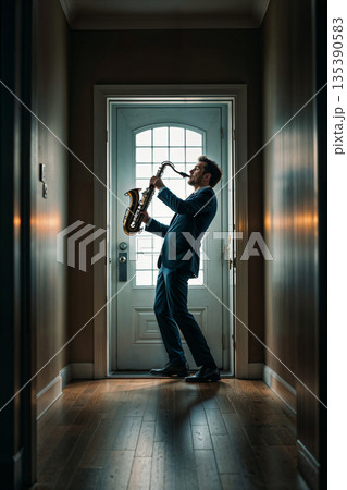 Man in suit playing saxophone in a dimly lit hallway. Man in a suit stands in a dimly lit hallway, playing the saxophone.  135390583