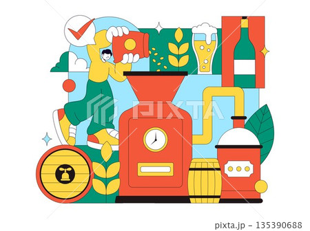 Brewery Production Process Vector Illustration Featuring Beer Tanks And Bottles Filled With Alcoholic Beverages for Fermentation on a Flat Background Brewery Production Process Vector Illustration Featuring Beer Tanks And Bottles Filled With Alcoholic Beverages for Fermentation on a Flat Background 135390688
