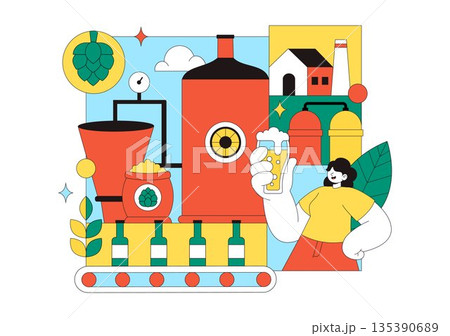 Brewery Production Process Vector Illustration Featuring Beer Tanks And Bottles Filled With Alcoholic Beverages for Fermentation on a Flat Background Brewery Production Process Vector Illustration Featuring Beer Tanks And Bottles Filled With Alcoholic Beverages for Fermentation on a Flat Background 135390689