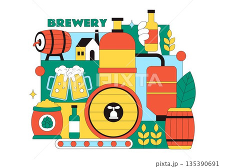 Brewery Production Process Vector Illustration Featuring Beer Tanks And Bottles Filled With Alcoholic Beverages for Fermentation on a Flat Background Brewery Production Process Vector Illustration Featuring Beer Tanks And Bottles Filled With Alcoholic Beverages for Fermentation on a Flat Background 135390691