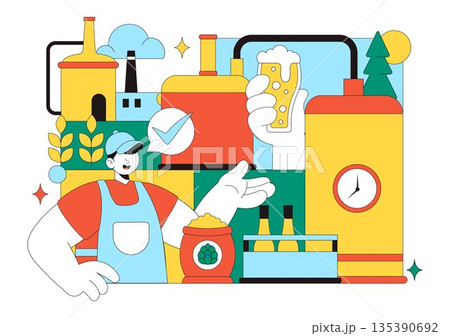 Brewery Production Process Vector Illustration Featuring Beer Tanks And Bottles Filled With Alcoholic Beverages for Fermentation on a Flat Background Brewery Production Process Vector Illustration Featuring Beer Tanks And Bottles Filled With Alcoholic Beverages for Fermentation on a Flat Background 135390692