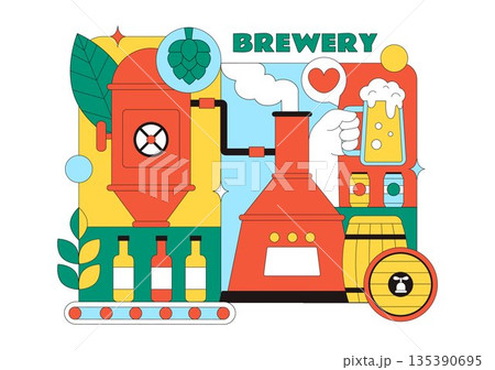 Brewery Production Process Vector Illustration Featuring Beer Tanks And Bottles Filled With Alcoholic Beverages for Fermentation on a Flat Background 135390695