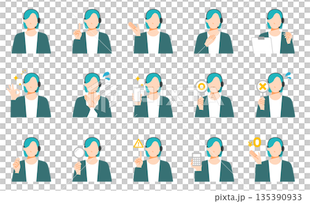 A set of facial expressions of a woman working in a call center wearing a headset for clients. Flat design. A set of facial expressions of a woman working in a call center wearing a headset for clients. Flat design. 135390933
