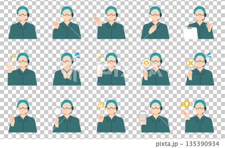 ヘッドセットをしたコールセンターで働く男性のクライアント向け表情イラストセット。フラットデザイン。 135390934