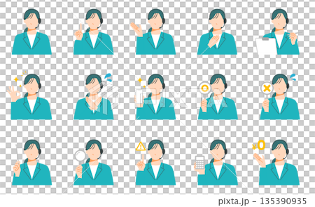 一組用於模擬顧客臉部表情的表情包，描繪的是一位在客服中心戴耳機工作的女性員工。扁平化設計。 135390935