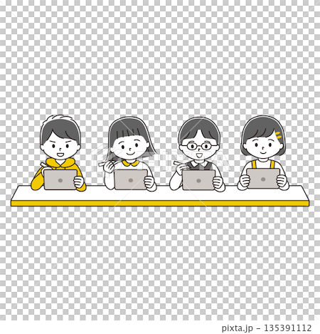 机に向かってタブレット端末で勉強する子どもたちのイラスト 135391112