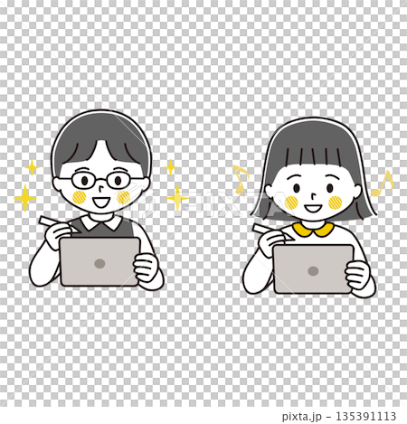 Exciting illustration set of a boy and girl studying on a tablet device with a pen tablet Exciting illustration set of a boy and girl studying on a tablet device with a pen tablet 135391113
