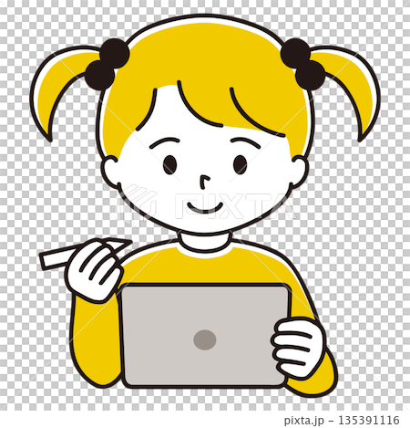 ペンタブを持ってタブレット端末で勉強する女の子のイラスト 135391116