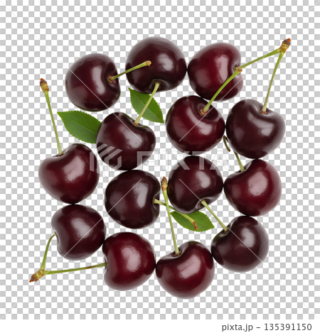 一組成熟的深色櫻桃和葉子（剪紙） 135391150