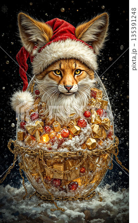 Festive fox in a magical christmas egg with golden presents.  A feline face is creatively blended with a fox's, wearing a Santa hat inside a transparent, ornate egg.  135391248