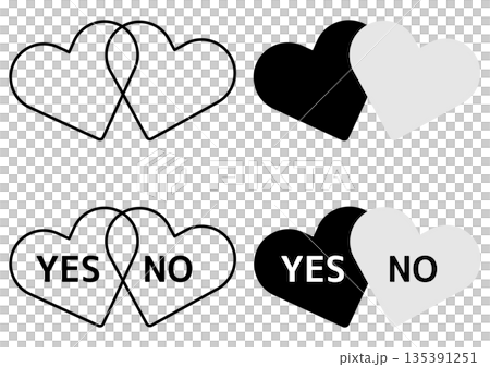 Monochrome double heart icon set (YES/NO included) YES/NO stamp with two overlapping hearts 135391251
