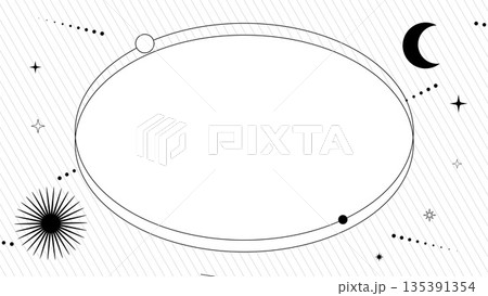 太陽と月と流れ星が楕円形フレームを彩るおしゃれなモノトーン背景 太陽と月と流れ星が楕円形フレームを彩るおしゃれなモノトーン背景 135391354