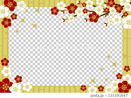 Plum and bamboo fence, gold, frame illustration, cute, simple, horizontal 135391647