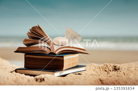 Open book placed on sandy beach with ocean background. Concept of reading, learning Open book placed on sandy beach with ocean background. Concept of reading, learning 135391654