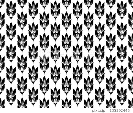 Flower geometric pattern. Seamless vector background. White and black ornament. Ornament for fabric, wallpaper, packaging. Decorative print. Flower geometric pattern. Seamless vector background. White and black ornament. Ornament for fabric, wallpaper, packaging. Decorative print. 135392446