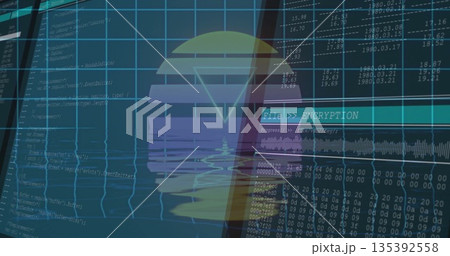 Floating stylized encryption icon showing progress on digital interface, with code and waveform 135392558