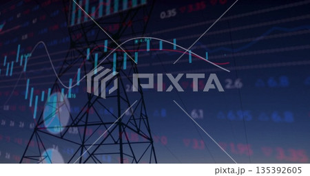 Displaying transmission tower silhouette against dusk skyline, with power lines, financial overlays Displaying transmission tower silhouette against dusk skyline, with power lines, financial overlays 135392605